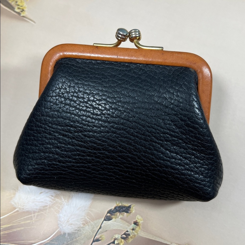 🦆 DOONEY & BOURKE ELEGANT BLACK TAN LEATHER COIN POUCH KISSLOCK PURSE VINTAGE - Picture 2 of 8
